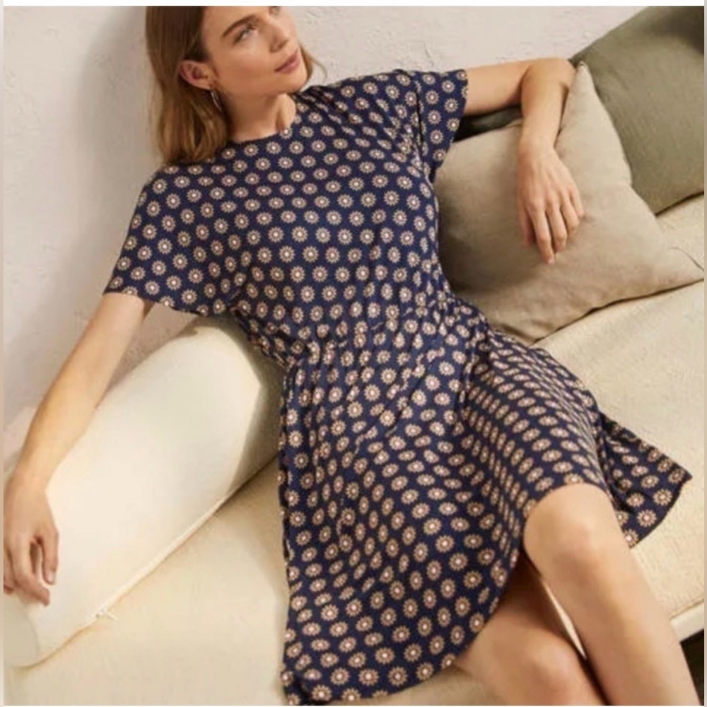 Boden Flutter Sleeve French Navy Daisy Stamp Jersey Dress Womens Size US14R